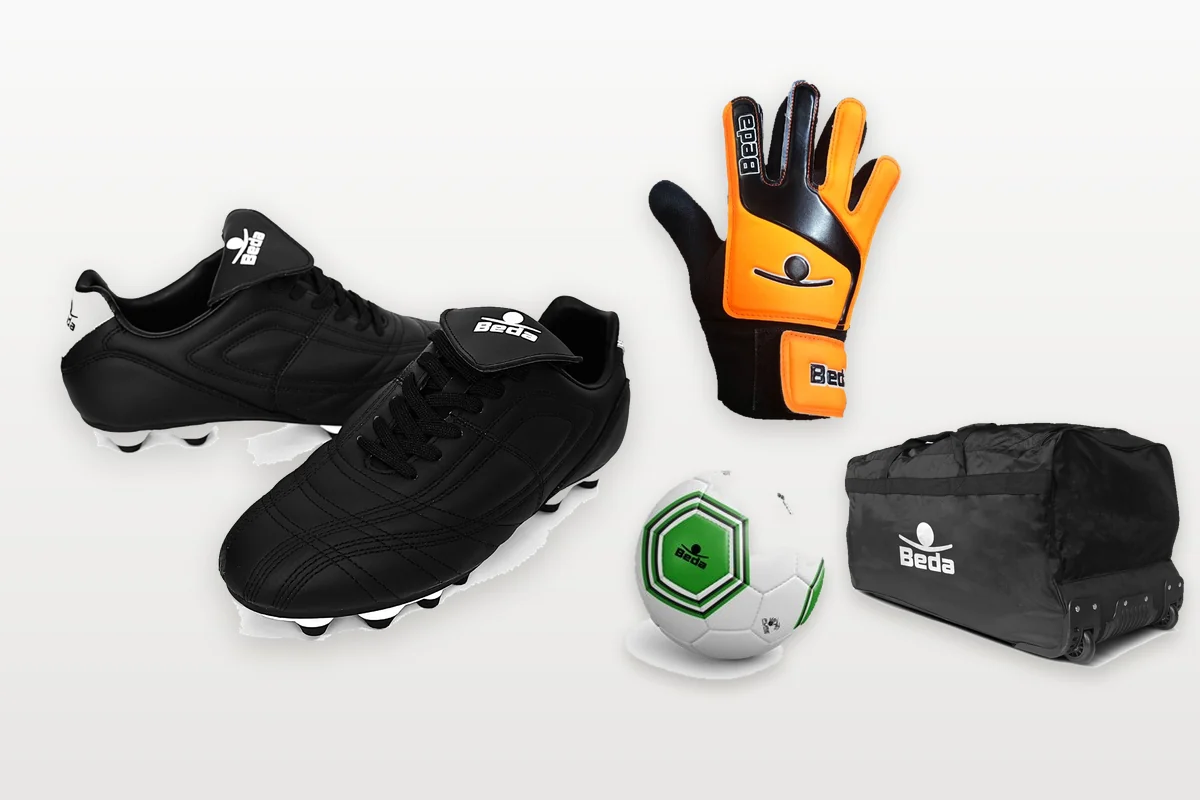 Crampons, gants de gardien, ballon et sac de sport Beda